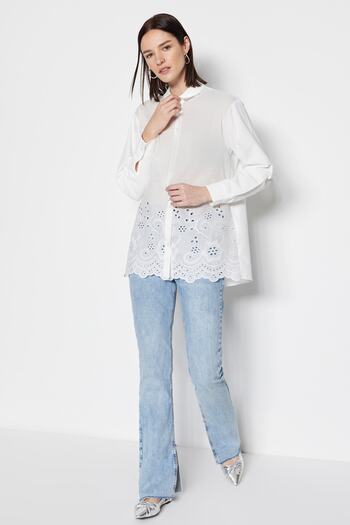 Trendyol Modest Ecru Scallop Detailní tkaná bavlněná košile TCTSS23TG00007