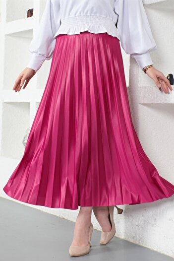 benguen Fuchsia 4538 Model Pleated and Elastic Waist Skirt