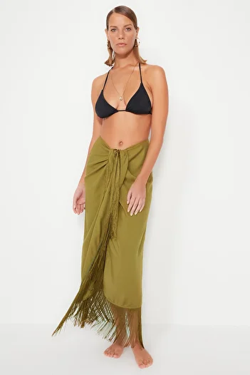 Trendyol Collection Maxi Khaki Woven Tasseled Beach Skirt - Tbess20Et0358