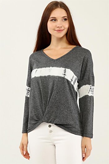 Seamoda V-Neck Large Size Women's Casual Model Sweatshirt with Knot Detail on the Front-anthracite