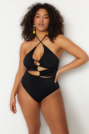 Trendyol Curve Μαύρο κομμένο λεπτομερές μαγιό Halter Plus Size TBBSS23AM00016