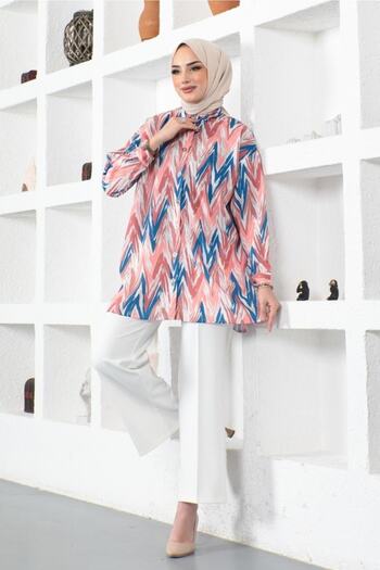 benguen 8887 Patterned Hijab Shirt Pink