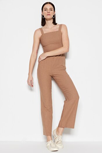 Trendyol Collection Camel Woven Petite Square Collar Linen Look Woven Jumpsuit TWOSS22TU00062