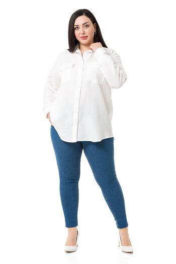DISENTIS MODEST Plus Size Shirt Collar White Shirt with Double Pockets on the Chest