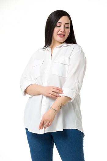 DISENTIS MODEST Plus Size Shirt Collar White Shirt with Double Pockets on the Chest