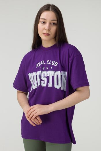MODAGEN Women's Purple Houston Text Printed Oversize T-shirt