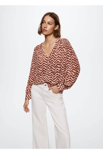 MANGO Woman Δίχρωμη μπλούζα με στάμπα