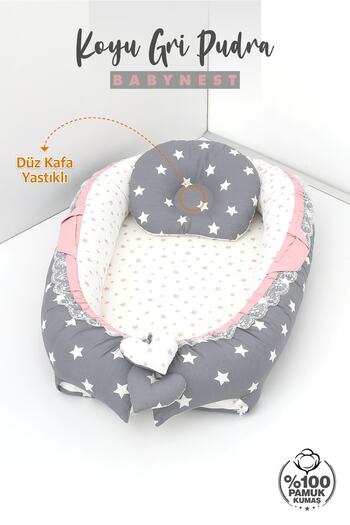 Umaybebek Babynest, Baby Sleeping Bed 0-2 Years - Cotton Fabric - Dark Gray Powder - Dark Gray Powder
