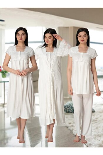 Effort Pijama Ecru Women's Pajamas Set - Nightgown and Dressing Gown Maternity Pregnant Set of 4 5015