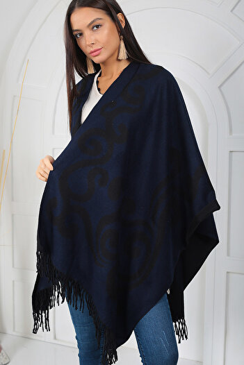 By Saygı Women's Black-Navy Shawl Pattern Double Sided Poncho S-18K1940024