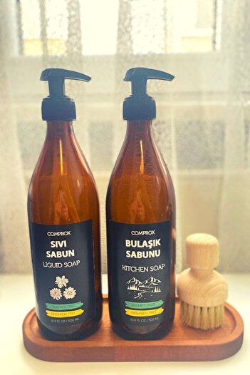 Comprox Wooden Stand 2-Piece Amber Glass Liquid Soap Dishwashing Liquid Bottle Soap Dispenser 500ml with Stand