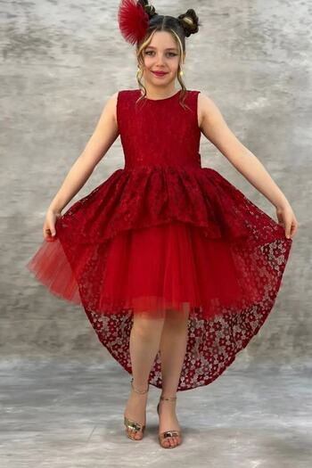 mashokids Red Children's Evening Dress - Salsa Train, Floral Print and Bow Detail