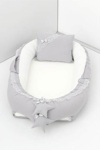 Umaybebek 0-2 Years Old Baby Sleeping Bed - Cotton Fabric, Gray Cream Babynest