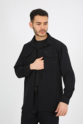 monel Μαύρο πουκάμισο Tactical Outdoor Ultra Lycra Relax με τσέπες με φερμουάρ