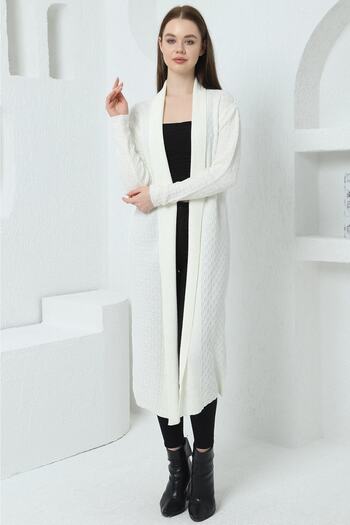 VEGENZE Women's Ecru Straw Patterned Long Knitted Cardigan