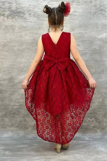 mashokids Red Children's Evening Dress - Salsa Train, Floral Print and Bow Detail
