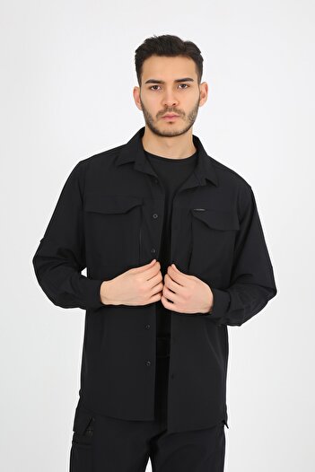 monel Μαύρο πουκάμισο Tactical Outdoor Ultra Lycra Relax με τσέπες με φερμουάρ