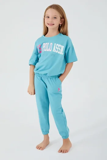 U.S. Polo Assn. Baza. Set de pijamale cu mânecă scurtă pentru fete Polo Assn Sea Blue Turcoaz