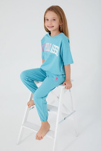 U.S. Polo Assn. Baza. Set de pijamale cu mânecă scurtă pentru fete Polo Assn Sea Blue Turcoaz