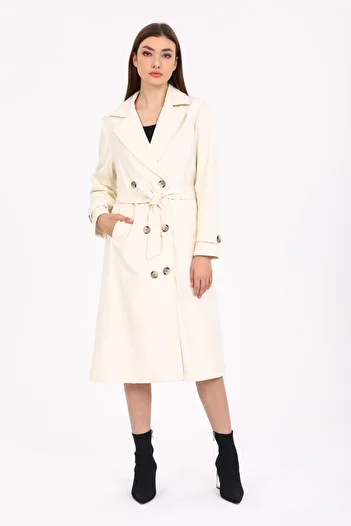 DYNAMO Women's Ecru Lined Belted Trench Coat