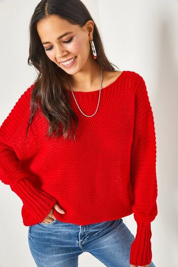 Olalook Women's Red Sleeve Detailed Honeycomb Knit Sweater KZK-19000399