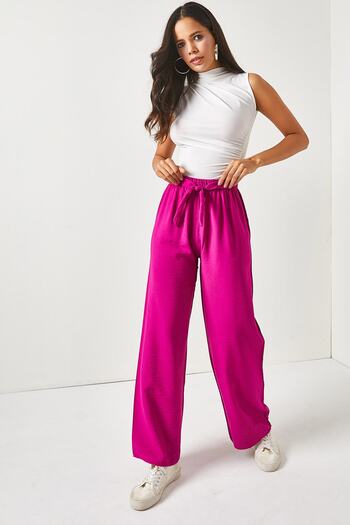 Olalook Women's Fuchsia Belted Elastic Waist Palazzo Ayrobin Trousers PNT-19000200