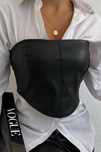vuvutasarım Women's Faux Leather Fabric Underwire Strapless Asymmetrical Cut Black Bustier 9132