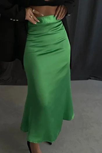 lovebox Women's Green Midi Length Satin Skirt 5322