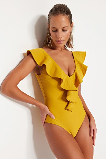 Trendyol Collection Mustard V-Neck Flounce Swimsuit TBESS20MA0379