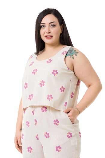 DISENTIS MODEST Large Size Thick Strap Zippered Pink Floral Women's Jumpsuit with Elastic Waist