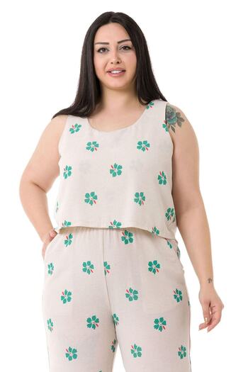 DISENTIS MODEST Large Size Thick Strap Zippered Elastic Waist Green Floral Women's Jumpsuit