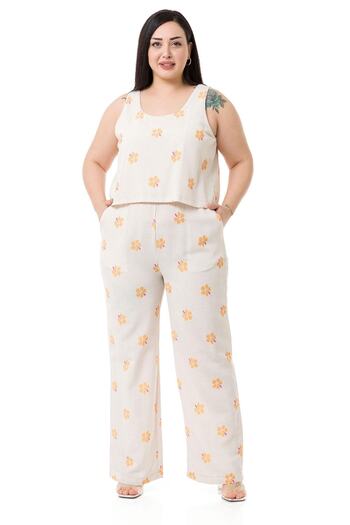 DISENTIS MODEST Plus Size Thick Strap Zippered Elastic Waist Yellow Floral Women's Jumpsuit