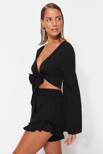 Trendyol Collection Black Woven Frilly Blouse Shorts Beach Suit Tbess23Au00027