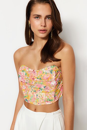 Trendyol Collection Színes virágos nyomtatott színátmenetes tüll bustier - TPRSS23BS00104