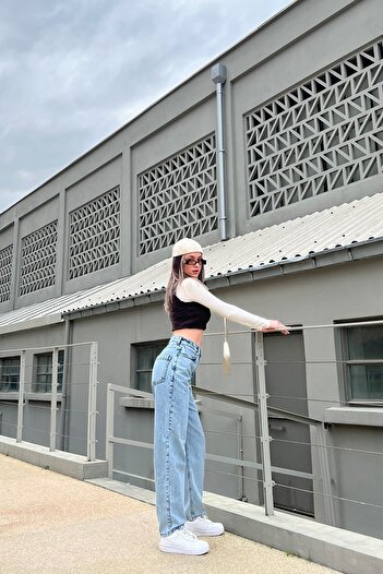 MAKRAS EXCLUSIVE Milano Quin 90's Light Snow Wash Blue Lycra Super High Waist Loose Jeans Palazzo Trousers
