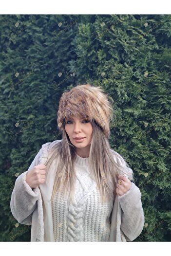 sevaradekor Faux Fur Women's Kalpak Feather Plush Snow Hat Beanie Raccoon Kalpak Hat Brown Gray Women's Beret