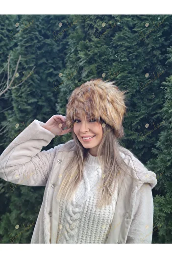 sevaradekor Faux Fur Women's Kalpak Feather Plush Snow Hat Beanie Raccoon Kalpak Hat Brown Gray Women's Beret