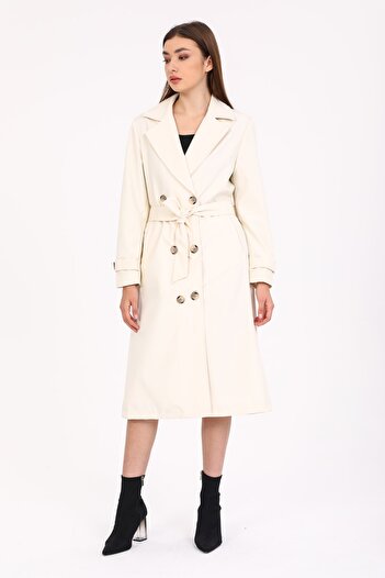 DYNAMO Women's Ecru Lined Belted Trench Coat