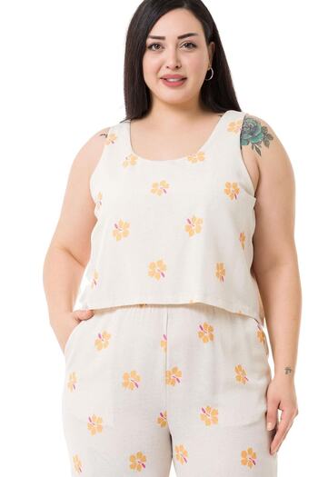 DISENTIS MODEST Plus Size Thick Strap Zippered Elastic Waist Yellow Floral Women's Jumpsuit