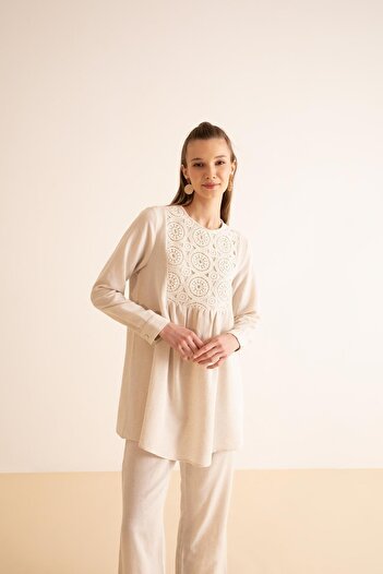 DeFacto Regular Fit Crew Neck Lace Detailed Linen Blend Long Sleeve T-Shirt Tunic
