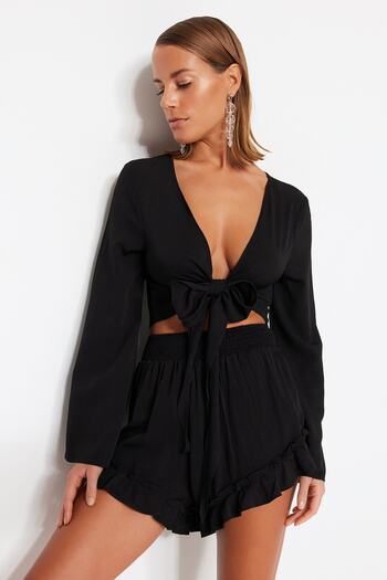 Trendyol Collection Black Woven Frilly Blouse Shorts Beach Suit Tbess23Au00027