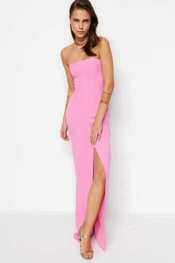 Trendyol Collection Růžové tkané dlouhé večerní šaty TPRSS23AE00127