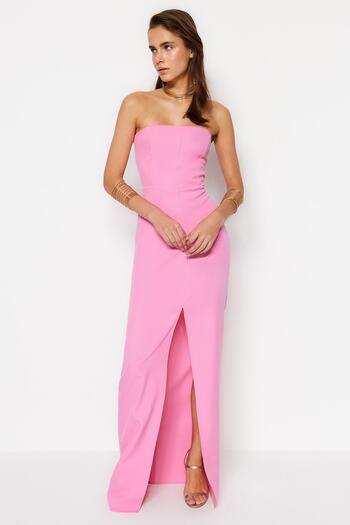Trendyol Collection Růžové tkané dlouhé večerní šaty TPRSS23AE00127