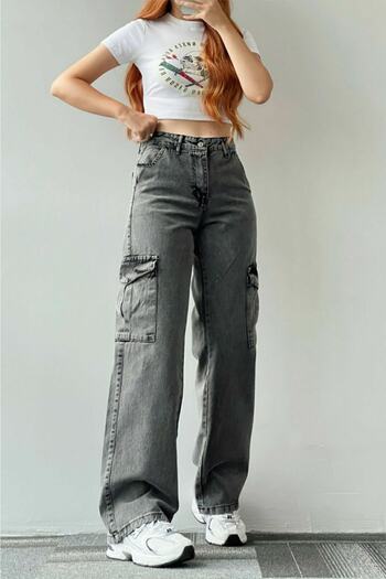 Trn JNS Smoked Snow Cargo Loose No Back Pocket Lycra Super High Waist Jean Trousers