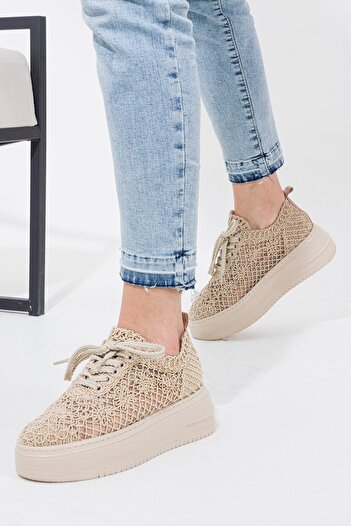 İnan Ayakkabı Beige Sneakers - Women's, Lace, 6 Cm Sole