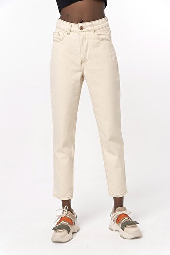 LİMABEL High Waist Beige Mom Lycra Flexible Jeans Psantolon