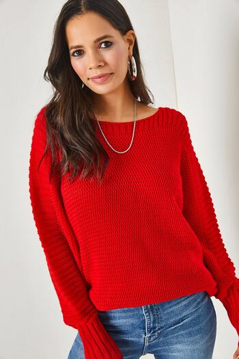 Olalook Women's Red Sleeve Detailed Honeycomb Knit Sweater KZK-19000399