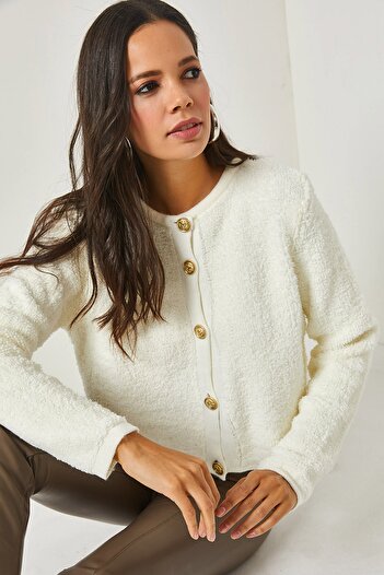 Olalook Women's Ecru Teddy Buttoned Crop Knitwear Cardigan HRK-19000210