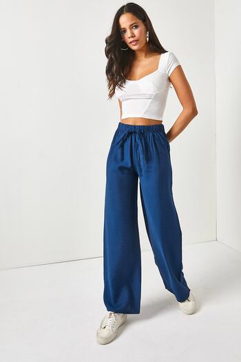Olalook Women's Navy Blue Belted Elastic Waist Palazzo Ayrobin Trousers PNT-19000200