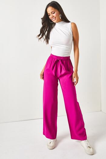 Olalook Women's Fuchsia Belted Elastic Waist Palazzo Ayrobin Trousers PNT-19000200